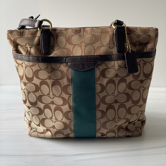 SOLD!!!Coach Signature Teal and Brown Shoulder Purse - Picture 1 of 8